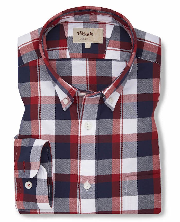 Red Navy Check Twill Button Down Shirt